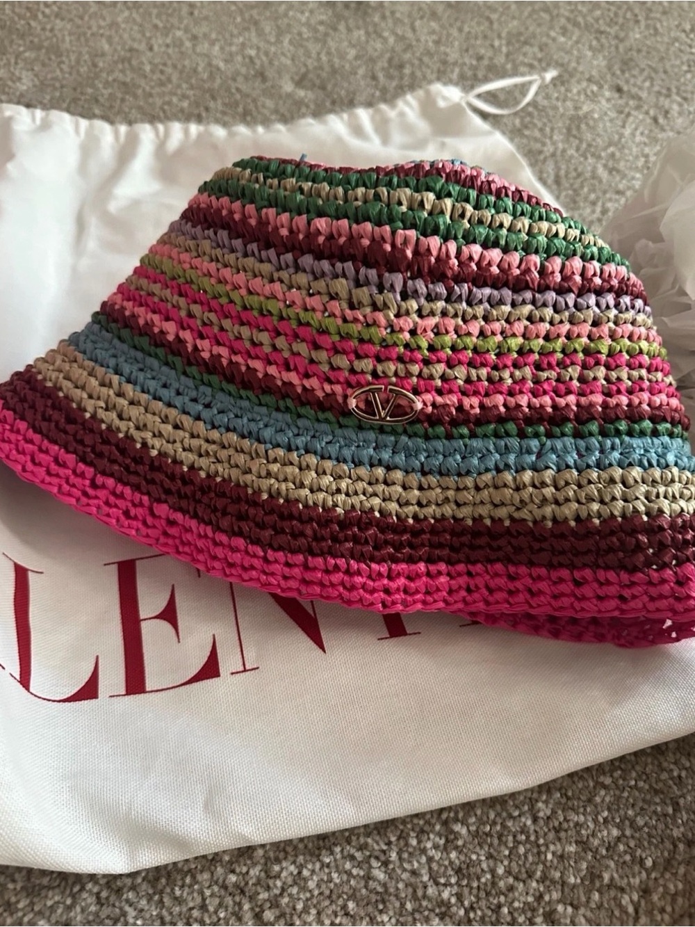 Brand new 100% authentic Valentino Multicolor Woven Bucket Hat w/ Hot Pink Trim